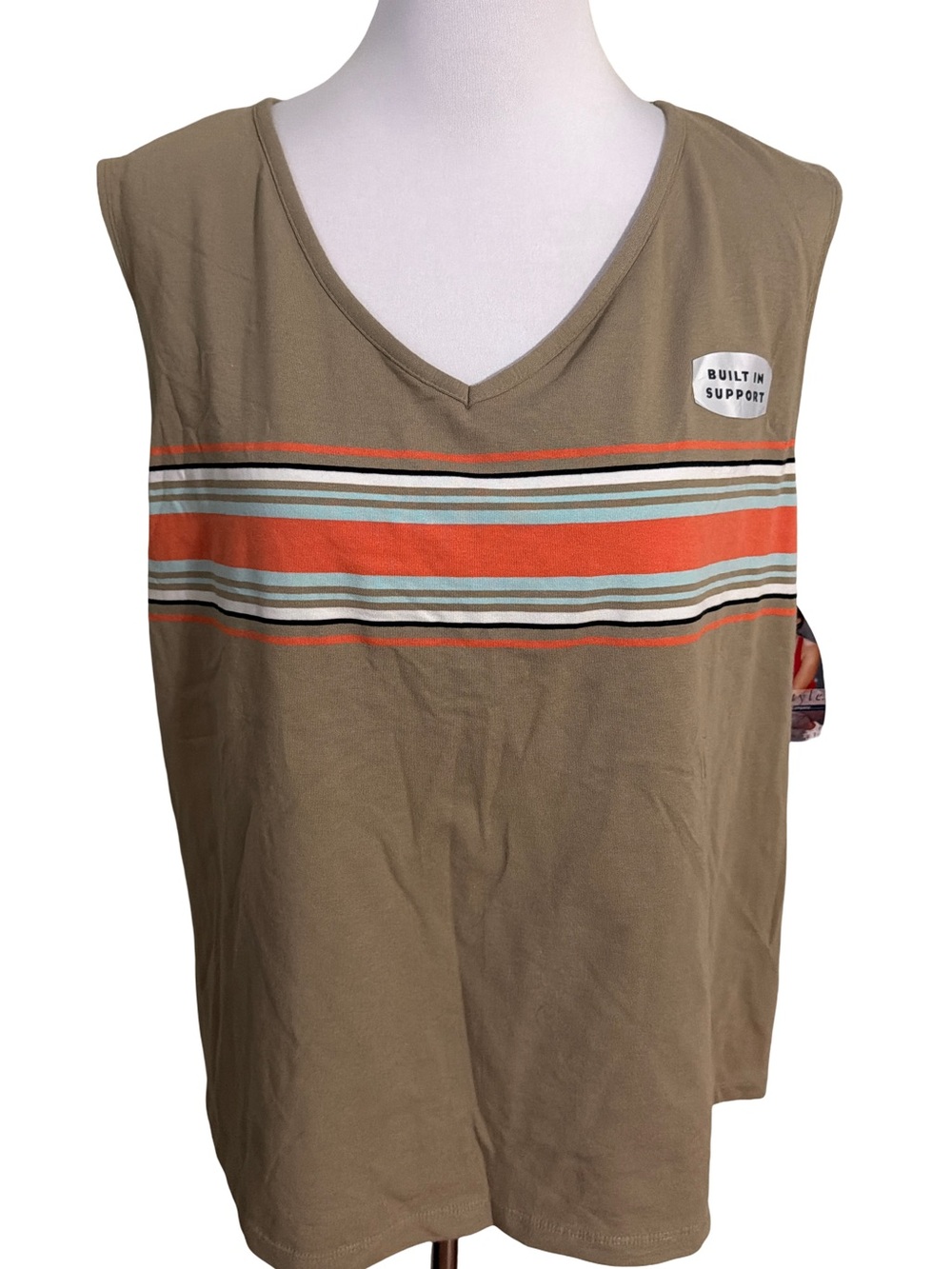 Danskin Olive Tank Top Orange Cream Stripes